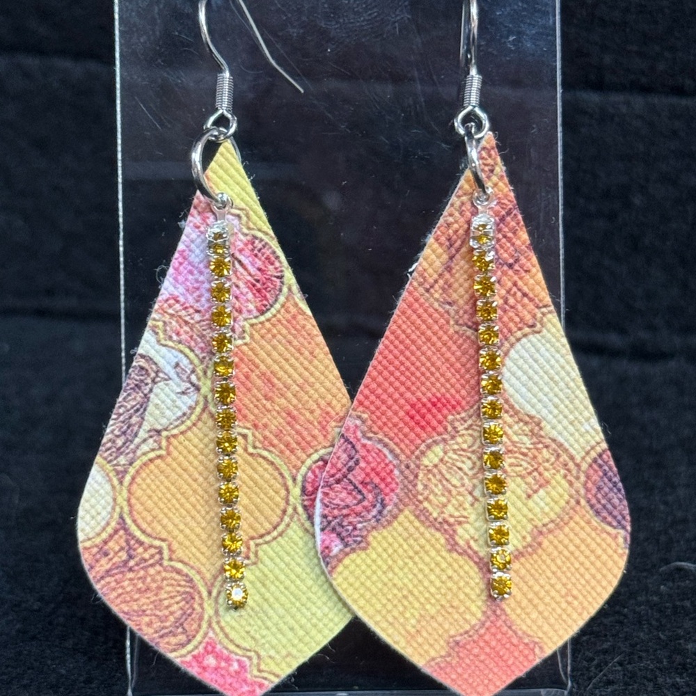 Elegant Yellow and Orange Patterned Faux Leather Earrings